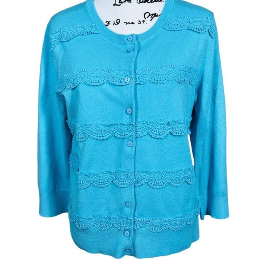 Cable & Gauge Blue cardigan long sleeve with Crochet Lace size L granny core
